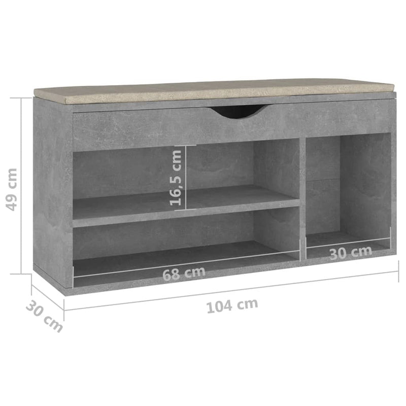 vidaXL betonszürke szerelt fa cipőtároló pad párnával 104 x 30 x 49 cm