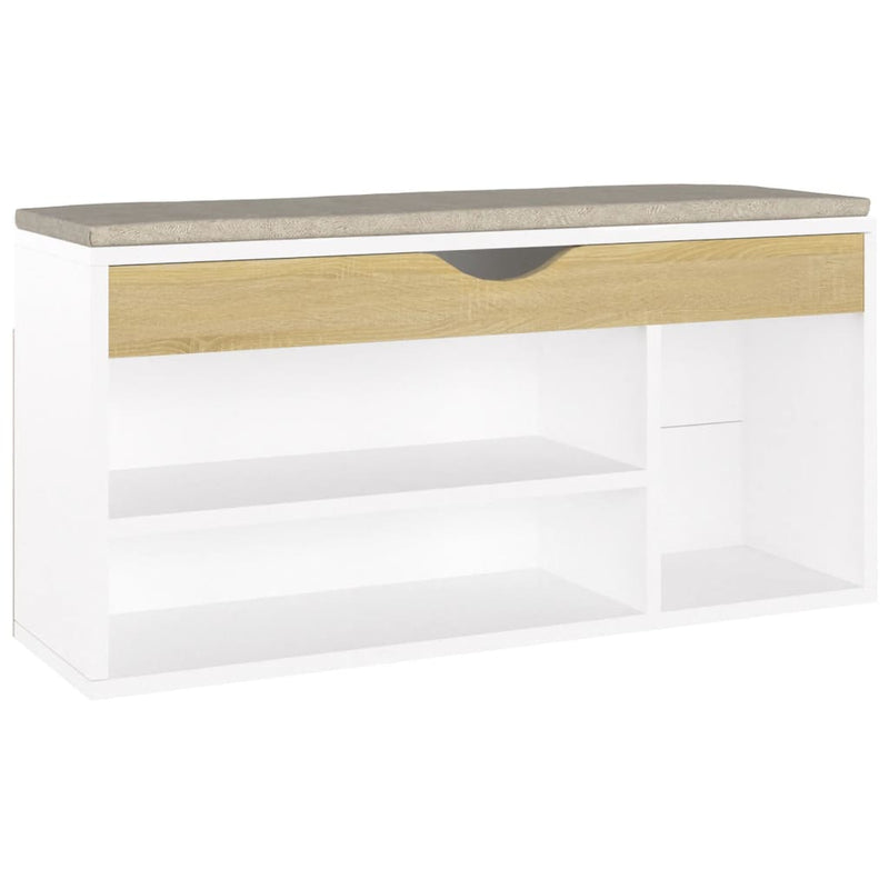 vidaXL fehér és sonoma tölgy színű cipőtároló pad párnával 104x30x49cm