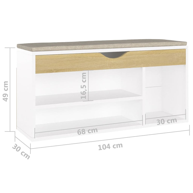 vidaXL fehér és sonoma tölgy színű cipőtároló pad párnával 104x30x49cm