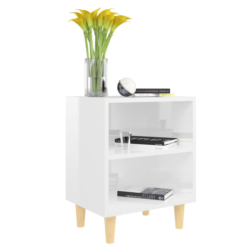 vidaXL 2 db magasfényű fehér éjjeliszekrény fa lábakkal 40x30x50 cm