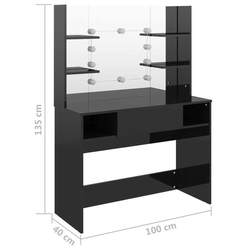 vidaXL fényes fekete LED-es MDF sminkasztal 100 x 40 x 135 cm