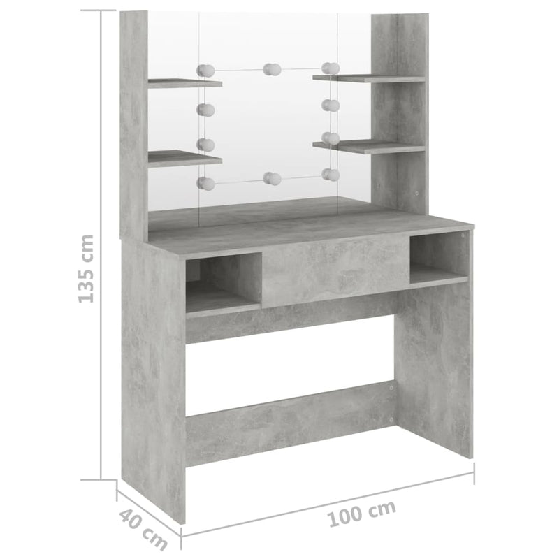 vidaXL betonszürke LED-es MDF sminkasztal 100 x 40 x 135 cm