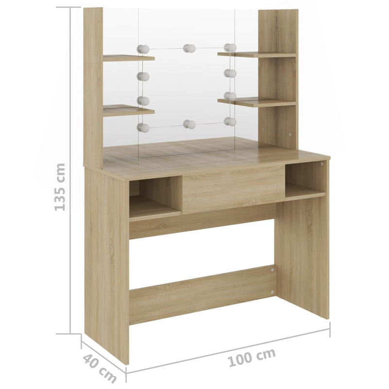 vidaXL tölgyszínű LED-es MDF sminkasztal 100 x 40 x 135 cm