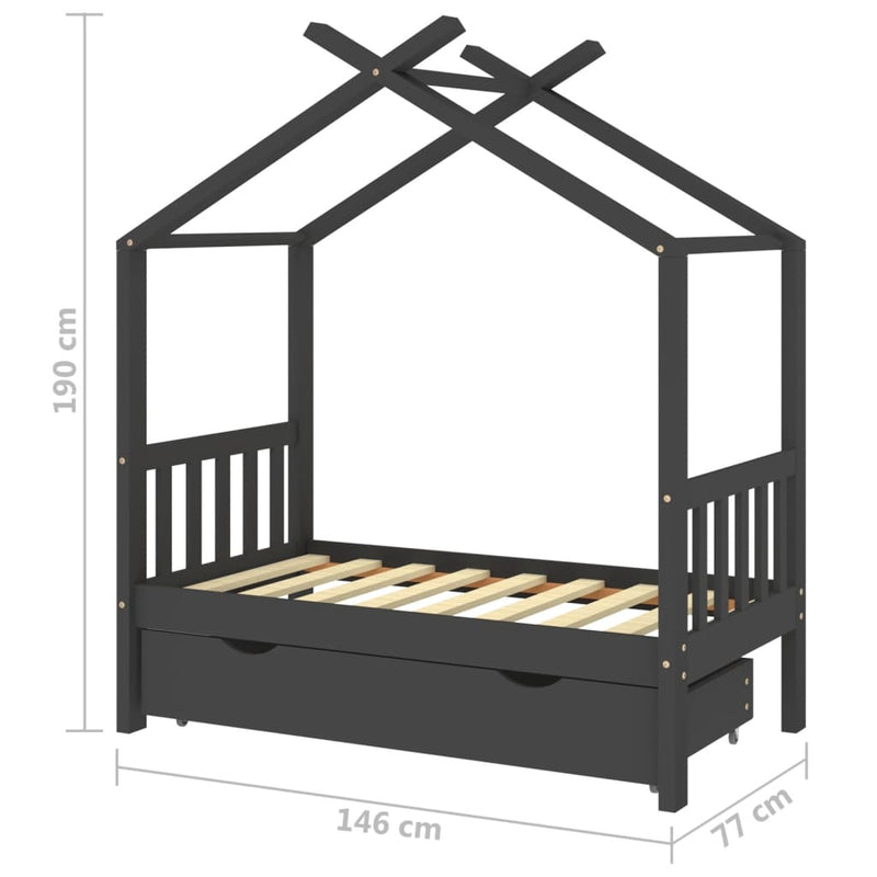 vidaXL sötétszürke tömör fenyőfa gyerekágykeret fiókkal 70 x 140 cm