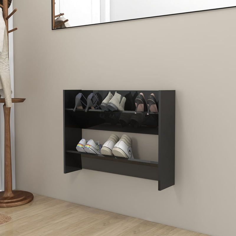 vidaXL magasfényű fekete szerelt fa fali cipősszekrény 80 x 18 x 60 cm