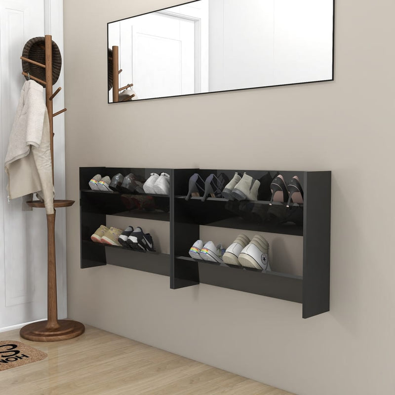 vidaXL 2 db magasfényű fekete szerelt fa fali cipősszekrény 80x18x60cm