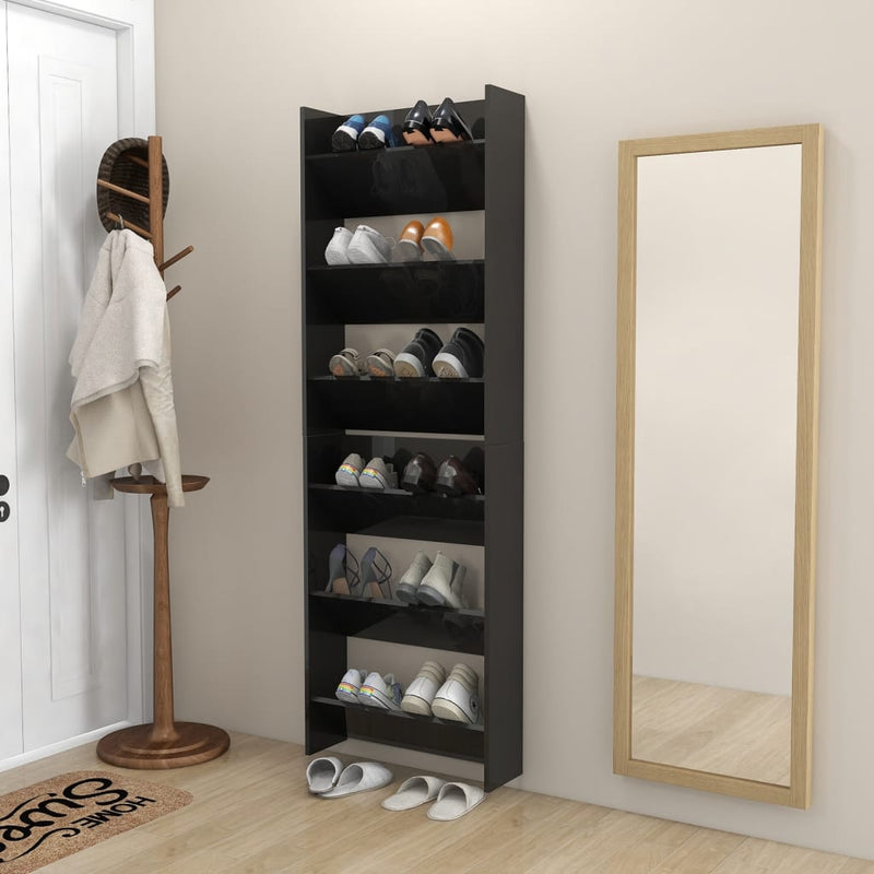 vidaXL 2 db magasfényű fekete szerelt fa fali cipősszekrény 60x18x90cm