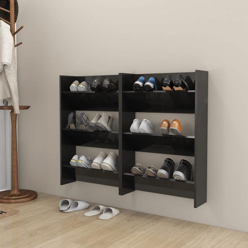 vidaXL 2 db magasfényű fekete szerelt fa fali cipősszekrény 60x18x90cm