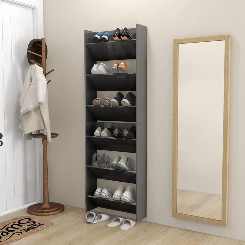 vidaXL 2 db magasfényű szürke szerelt fa fali cipősszekrény 80x18x90cm