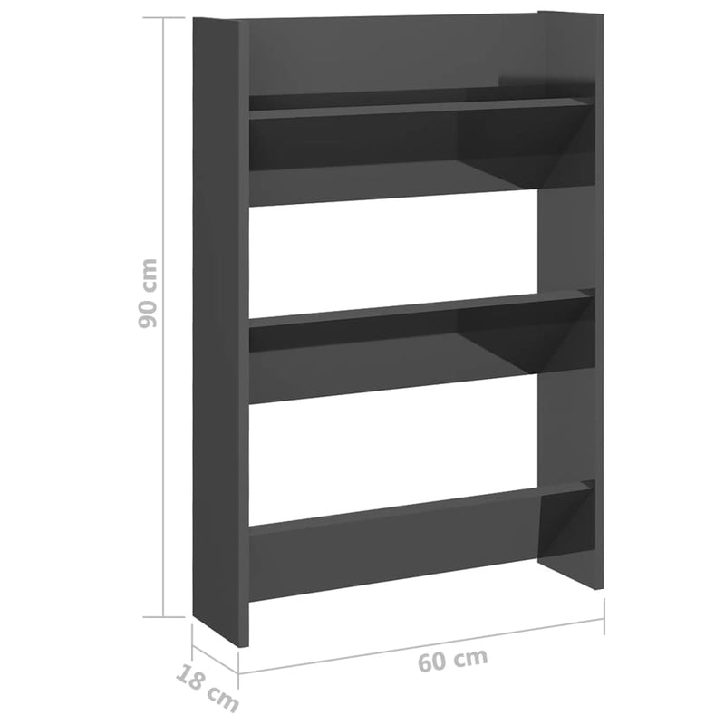 vidaXL 2 db magasfényű szürke szerelt fa fali cipősszekrény 80x18x90cm