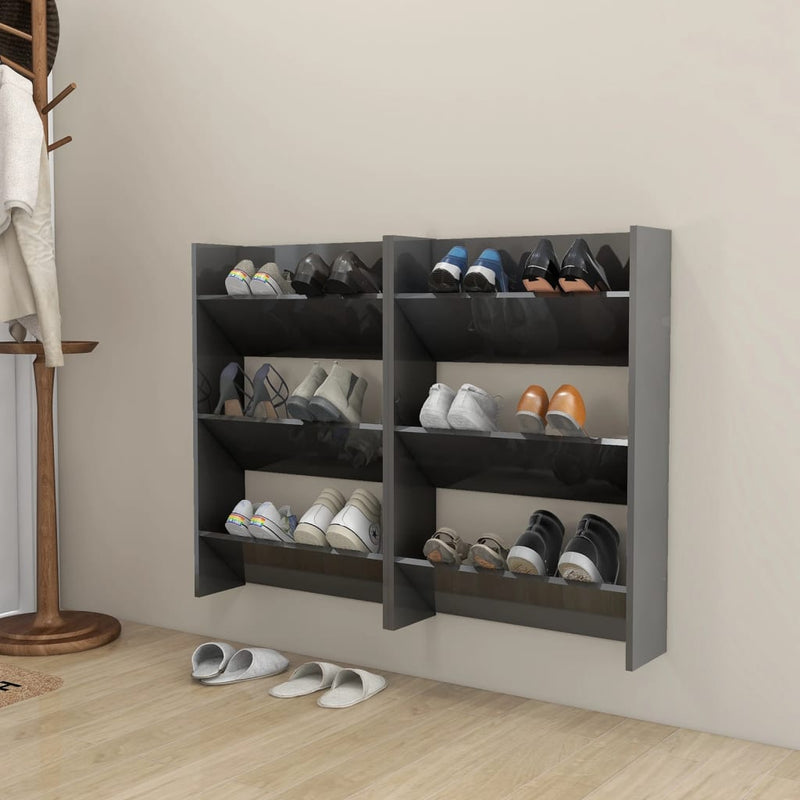 vidaXL 2 db magasfényű szürke szerelt fa fali cipősszekrény 80x18x90cm