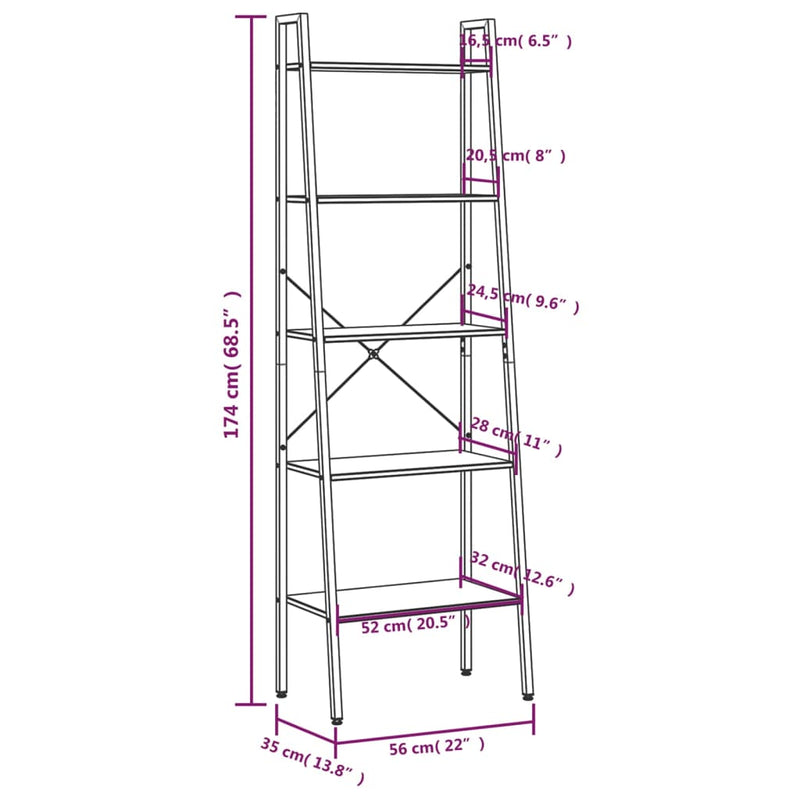vidaXL 5 szintes sötétbarna és fekete állópolc 56 x 35 x 174 cm