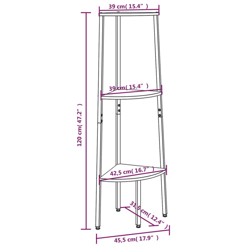 vidaXL 3 szintes világosbarna és fekete sarokpolc 45,5 x 31,5 x 120 cm