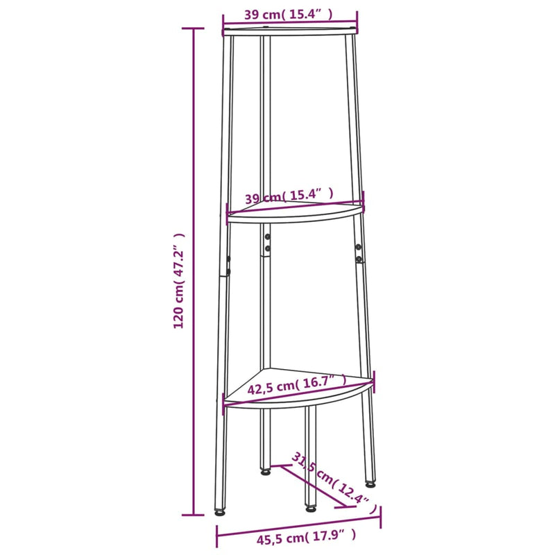 vidaXL 3 szintes fekete sarokpolc 45,5 x 31,5 x 120 cm