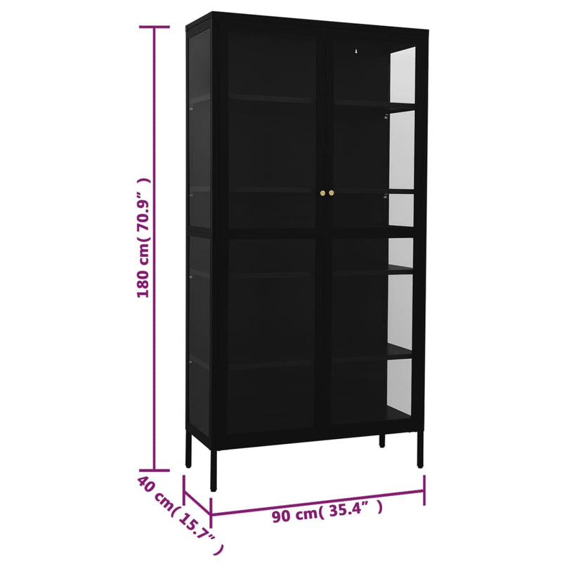 vidaXL fekete acél és edzett üveg vitrin 90 x 40 x 180 cm
