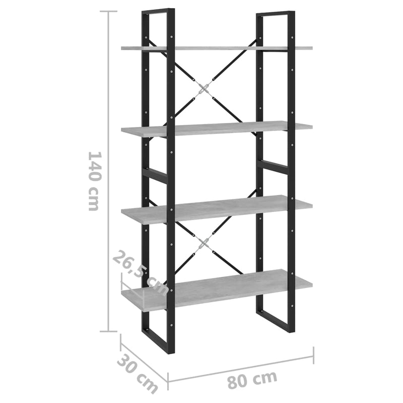 vidaXL négyszintes betonszürke szerelt fa könyvszekrény 80x30x140 cm