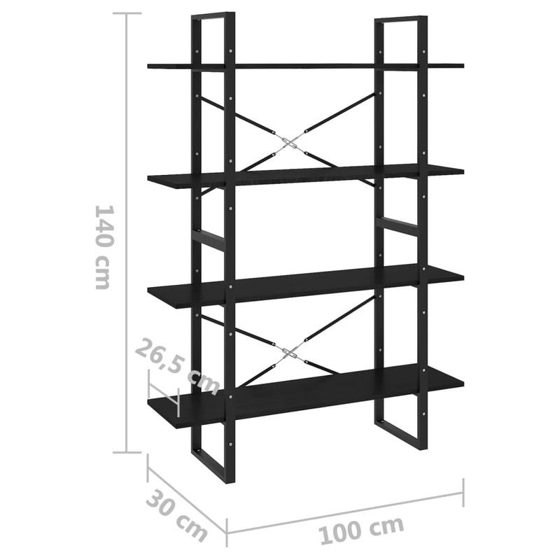 vidaXL négyszintes fekete tömör fenyőfa könyvszekrény 100x30x140 cm