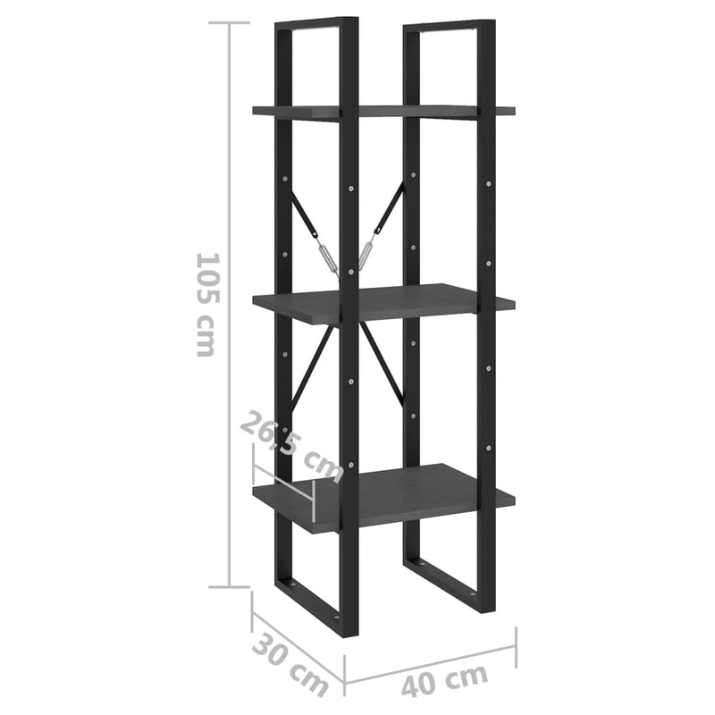 vidaXL háromszintes szürke tömör fenyőfa könyvszekrény 40x30x105 cm