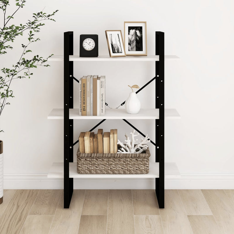 vidaXL háromszintes fehér tömör fenyőfa könyvszekrény 80 x 30 x 105 cm