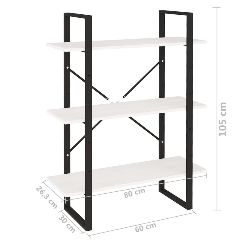 vidaXL háromszintes fehér tömör fenyőfa könyvszekrény 80 x 30 x 105 cm