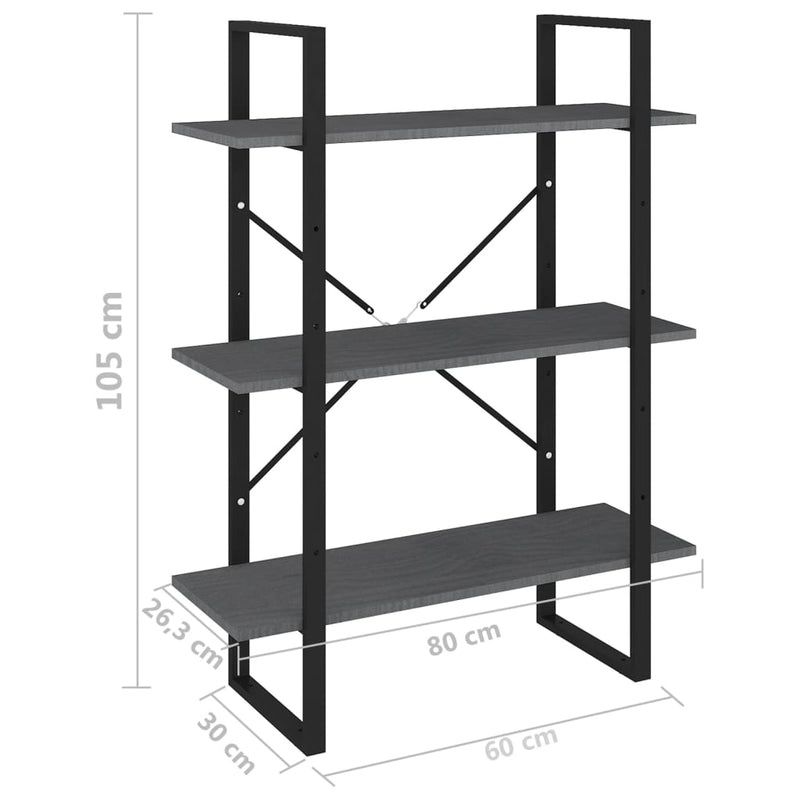 vidaXL háromszintes szürke tömör fenyőfa könyvszekrény 80x30x105 cm