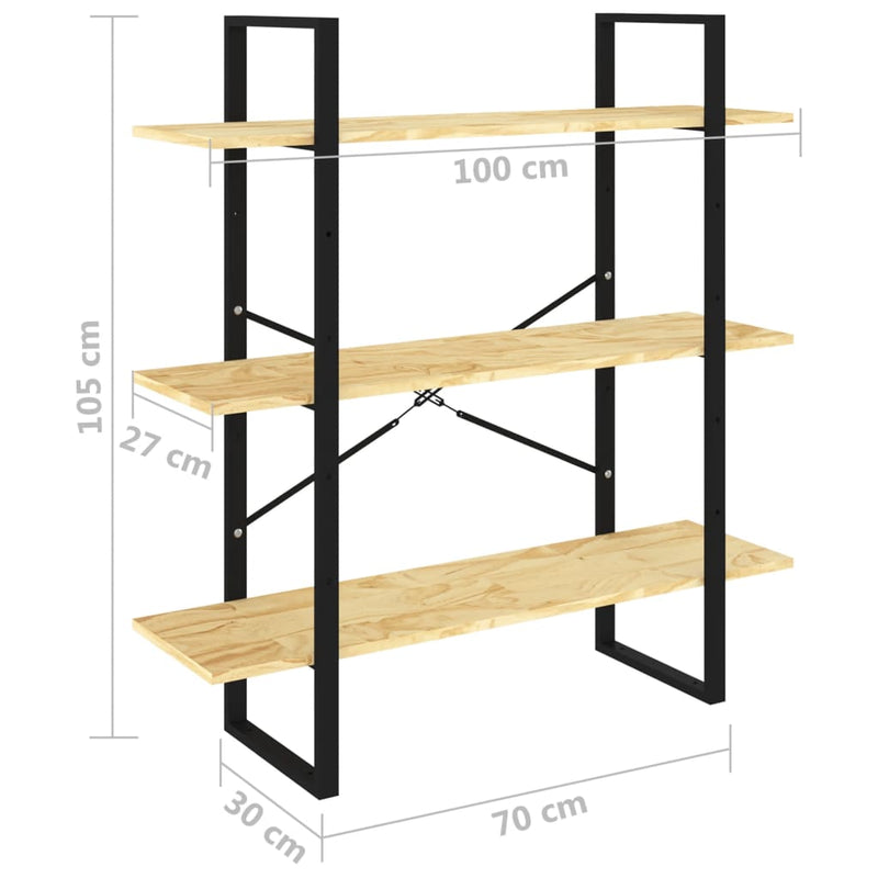 vidaXL háromszintes tömör fenyőfa könyvszekrény 100 x 30 x 105 cm