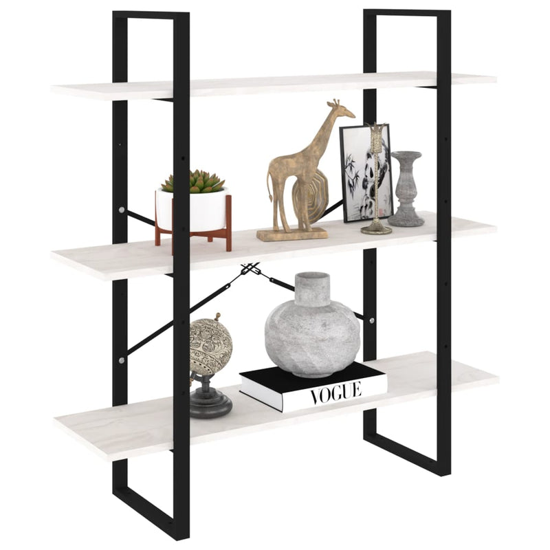 vidaXL háromszintes fehér tömör fenyőfa könyvszekrény 100x30x105 cm