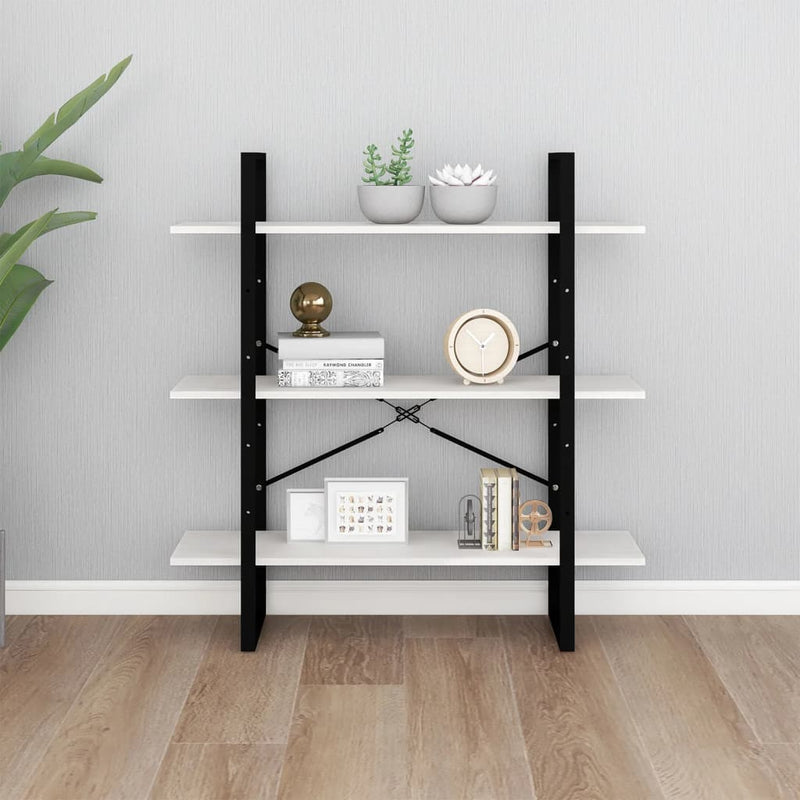 vidaXL háromszintes fehér tömör fenyőfa könyvszekrény 100x30x105 cm