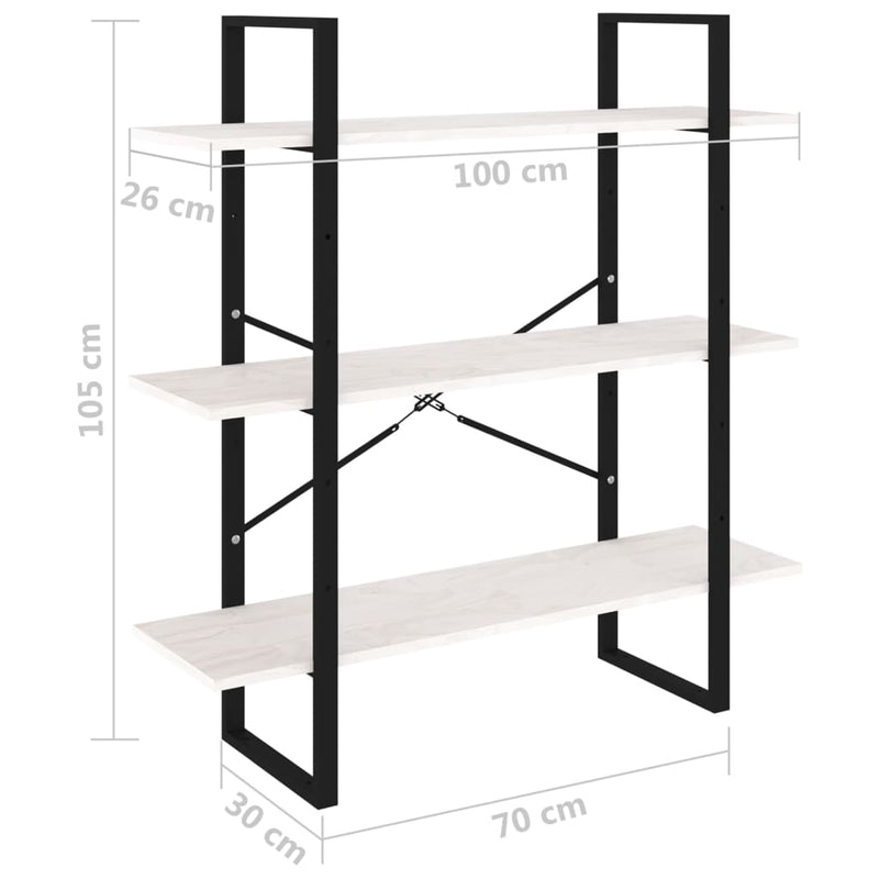 vidaXL háromszintes fehér tömör fenyőfa könyvszekrény 100x30x105 cm