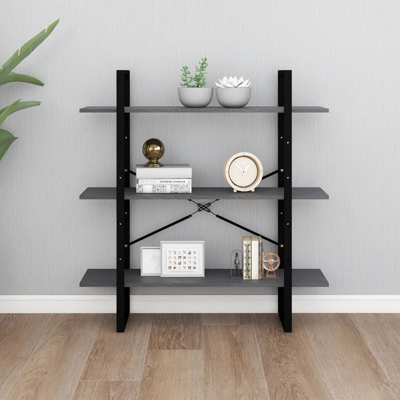 vidaXL háromszintes szürke tömör fenyőfa könyvszekrény 100x30x105 cm