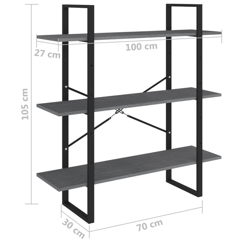 vidaXL háromszintes szürke tömör fenyőfa könyvszekrény 100x30x105 cm
