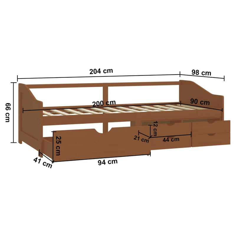 vidaXL mézbarna 3 személyes tömör fenyőfa kanapéágy fiókokkal 90x200cm