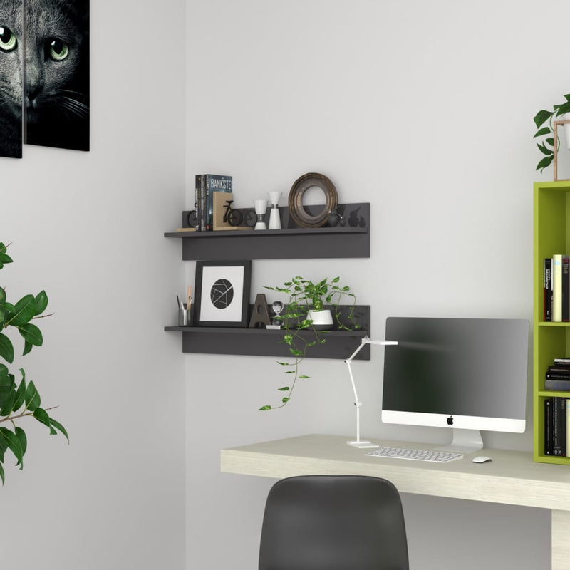 vidaXL 2 db magasfényű szürke szerelt fa fali polc 80 x 11,5 x 18 cm