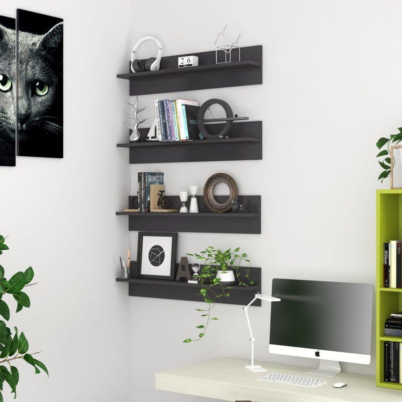 vidaXL 4 db magasfényű szürke szerelt fa fali polc 80 x 11,5 x 18 cm