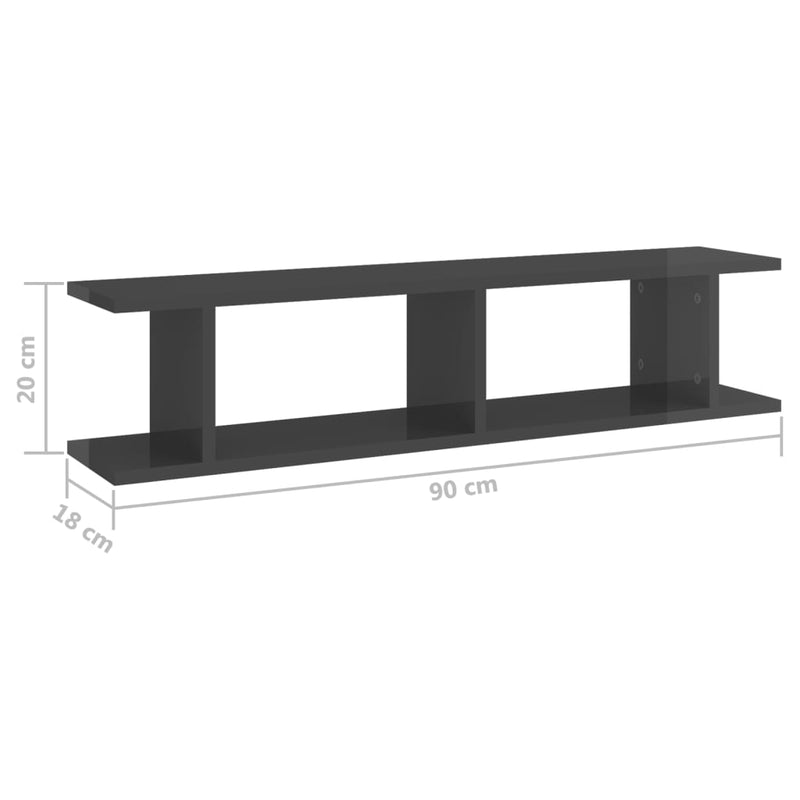 vidaXL 2 db magasfényű szürke szerelt fa fali polc 90 x 18 x 20 cm