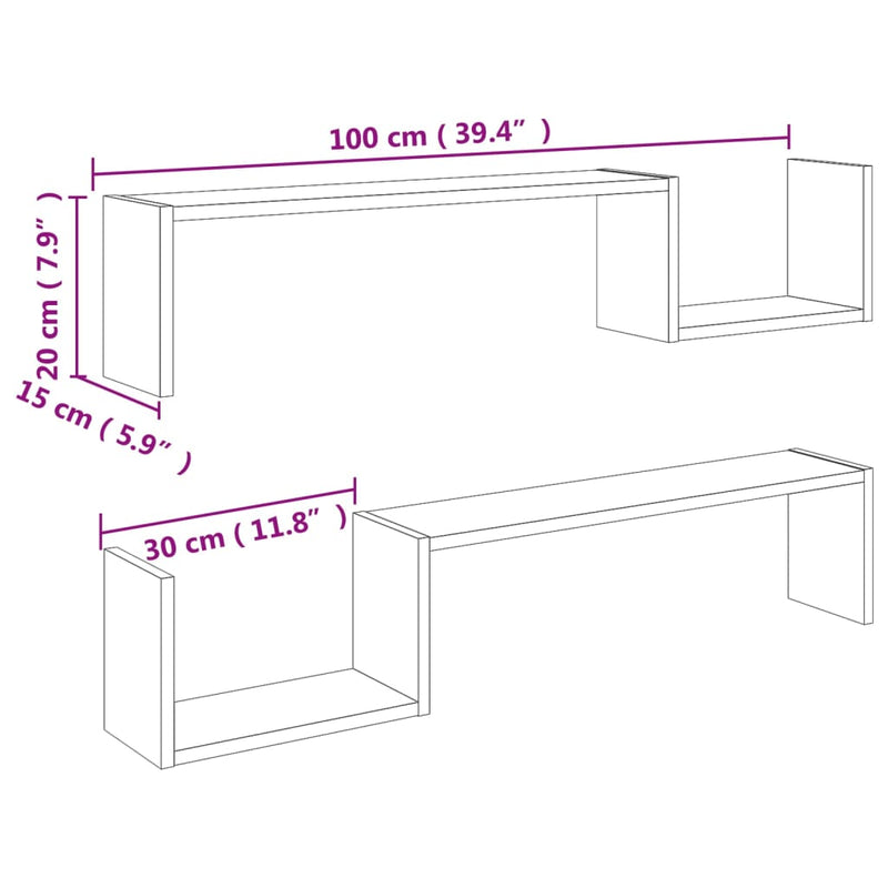 vidaXL 2 db betonszürke szerelt fa fali polc 100 x 15 x 20 cm