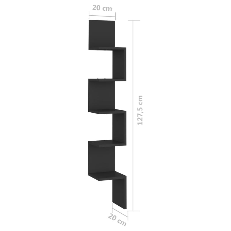 vidaXL fekete szerelt fa fali sarokpolc 20 x 20 x 127,5 cm