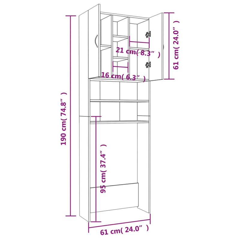vidaXL betonszürke mosógépszekrény 64 x 25,5 x 190 cm