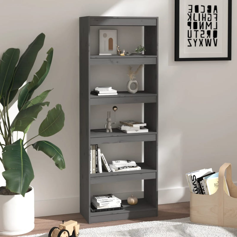 vidaXL szürke tömör fenyőfa könyvszekrény/térelválasztó 60x30x167,5 cm