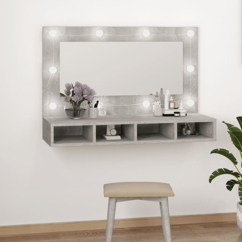 vidaXL betonszürke tükrös szekrény LED-ekkel 90 x 31,5 x 62 cm
