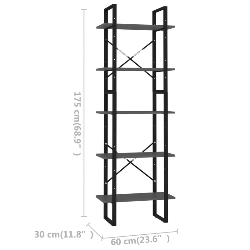 vidaXL 5 szintes szürke szerelt fa könyvszekrény 60 x 30 x 175 cm