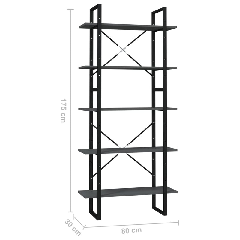 vidaXL 5 szintes szürke szerelt fa könyvszekrény 80 x 30 x 175 cm