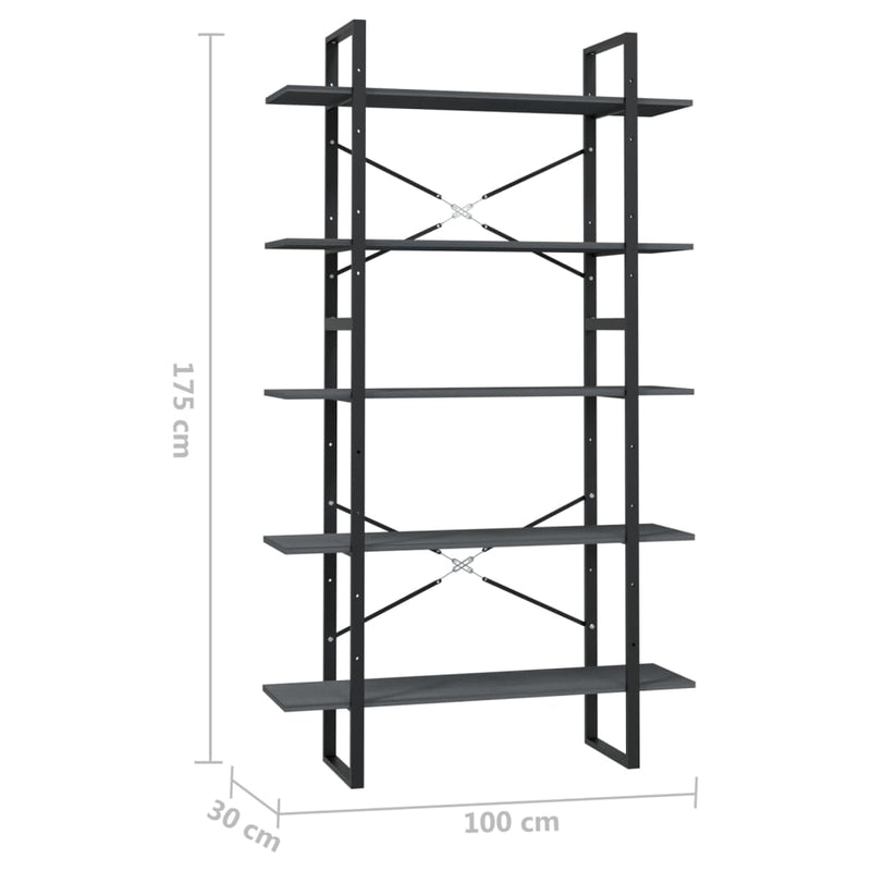 vidaXL ötszintes szürke fenyőfa könyvszekrény 100 x 30 x 175 cm