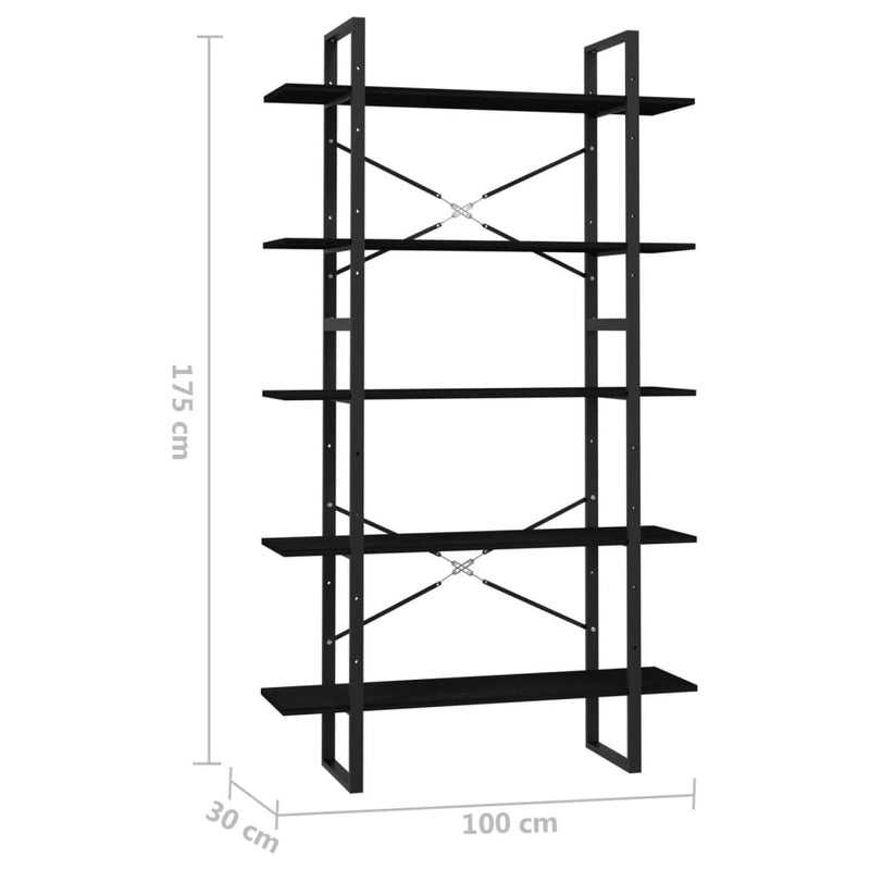vidaXL ötszintes fekete fenyőfa könyvszekrény 100 x 30 x 175 cm