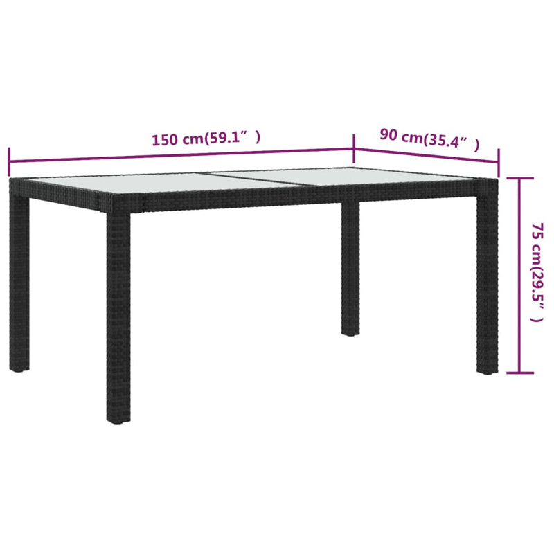 vidaXL fekete polyrattan és edzett üveg kerti asztal 150 x 90 x 75 cm