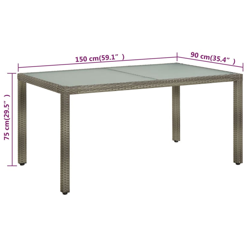 vidaXL szürke polyrattan és edzett üveg kerti asztal 150 x 90 x 75 cm