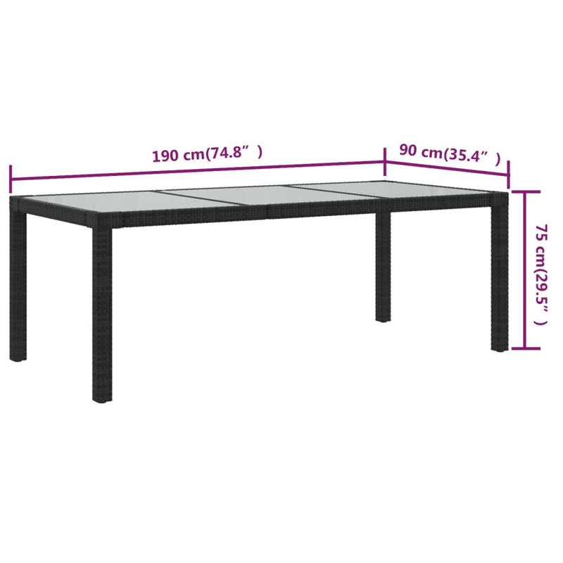 vidaXL fekete polyrattan és edzett üveg kerti asztal 190 x 90 x 75 cm