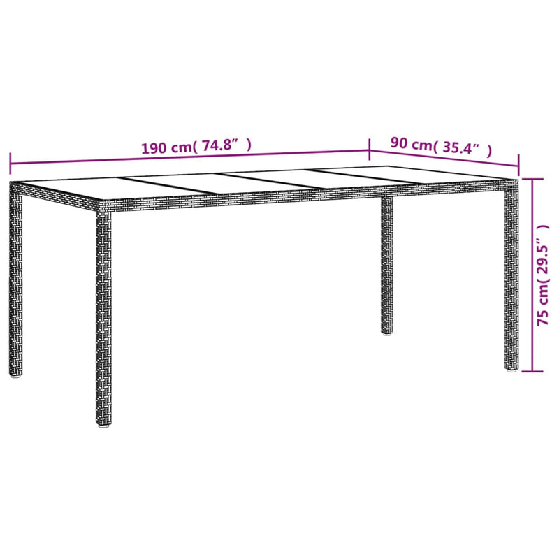 vidaXL szürke polyrattan és edzett üveg kerti asztal 190 x 90 x 75 cm