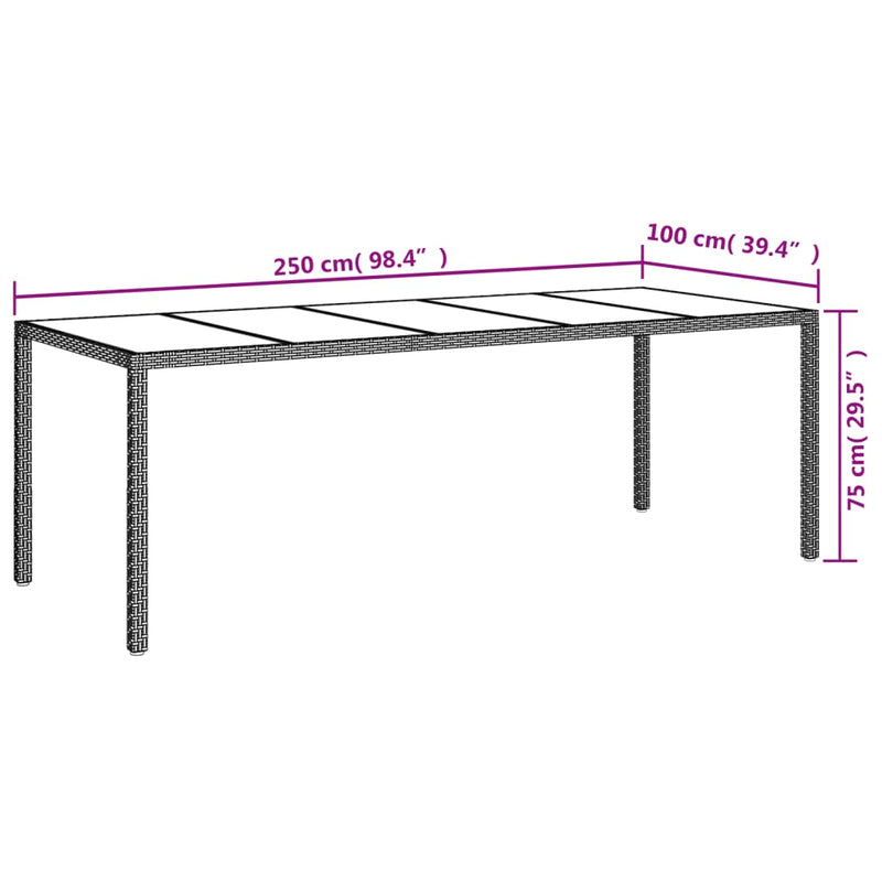 vidaXL szürke edzett üveg és polyrattan kerti asztal 250 x 100 x 75 cm