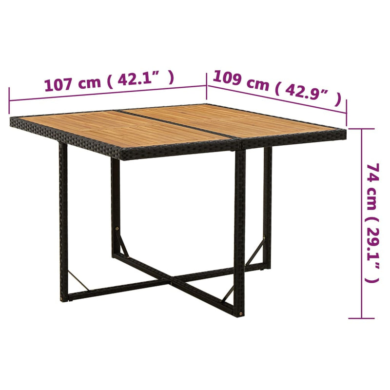 vidaXL fekete polyrattan és tömör akácfa kerti asztal 109x107x74 cm
